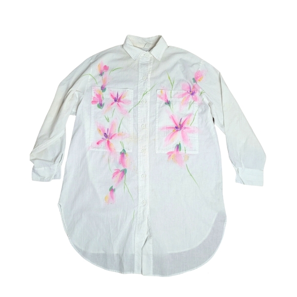 Vintage Dresses & Skirts - Vintage hand painted oversized white shirt dress with pink floral design